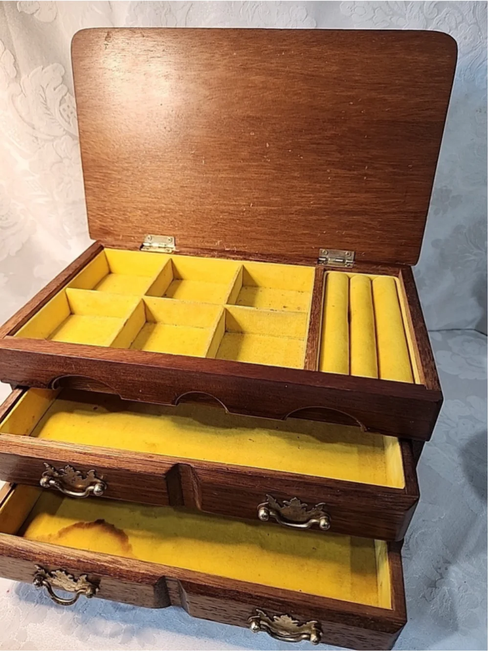 1970s Wooden Jewelry Box Large Top Storage 2 Drawers
